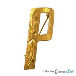 Vintage Mamselle Gold Tone Initial P Brooch - Textured & Diamond Cut Letter Pin
